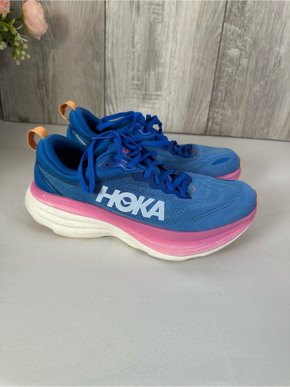 Hoka Women's Blue Bondi 8 Running Shoes with Pink Accent -8.5